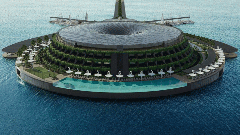 A hatalmas, vízen lebegő hotel folyamatosan forog a tengelye körül, így termel energiát