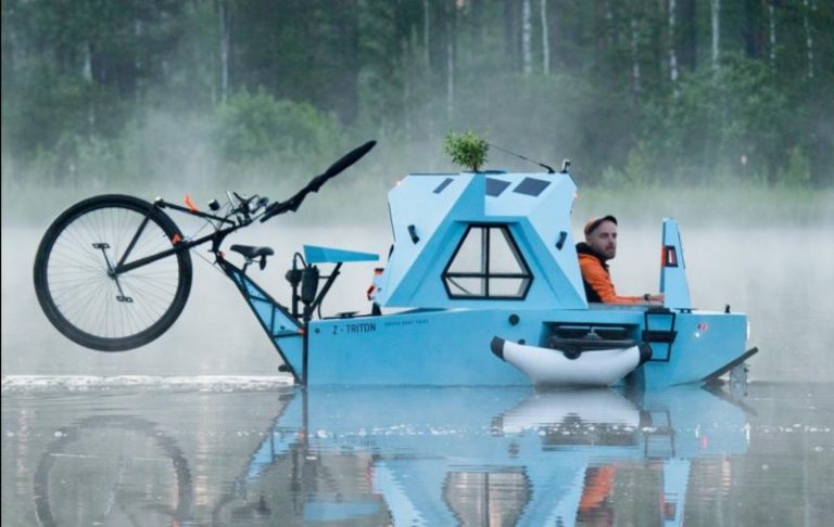 Kétéltű lakókocsi-hajó-kerékpár hibridet fejlesztettek